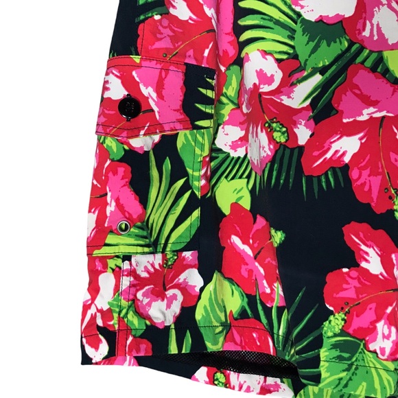 J. Crew Stretch Eco Board Short Swim Hibiscus Print Floral Black Pink Men's 36 - Picture 6 of 12